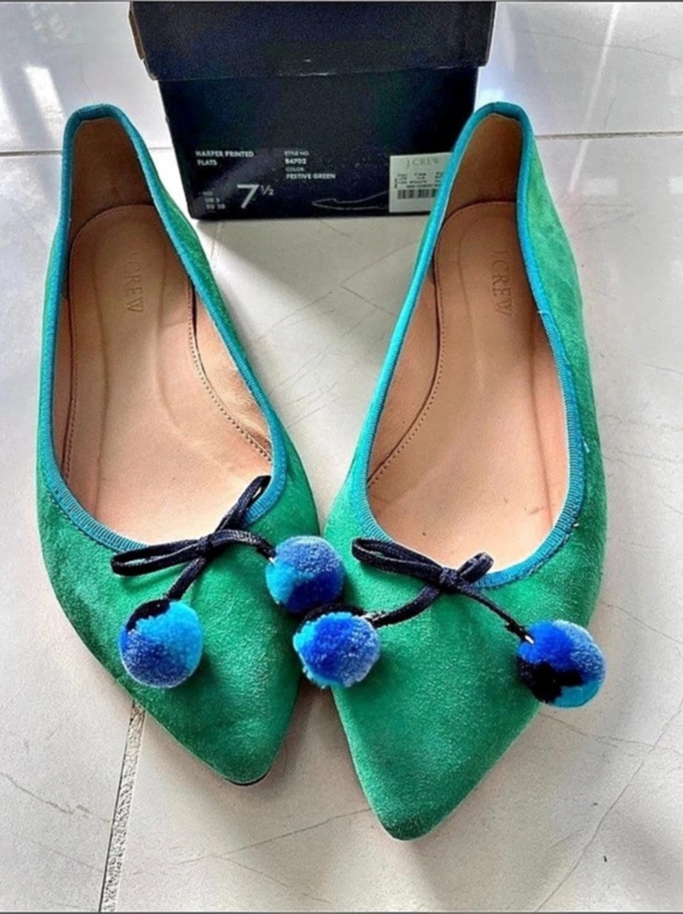 J.Crew Gemma Suede Flats with Pom-Poms Green & Blue - shoe Bundle